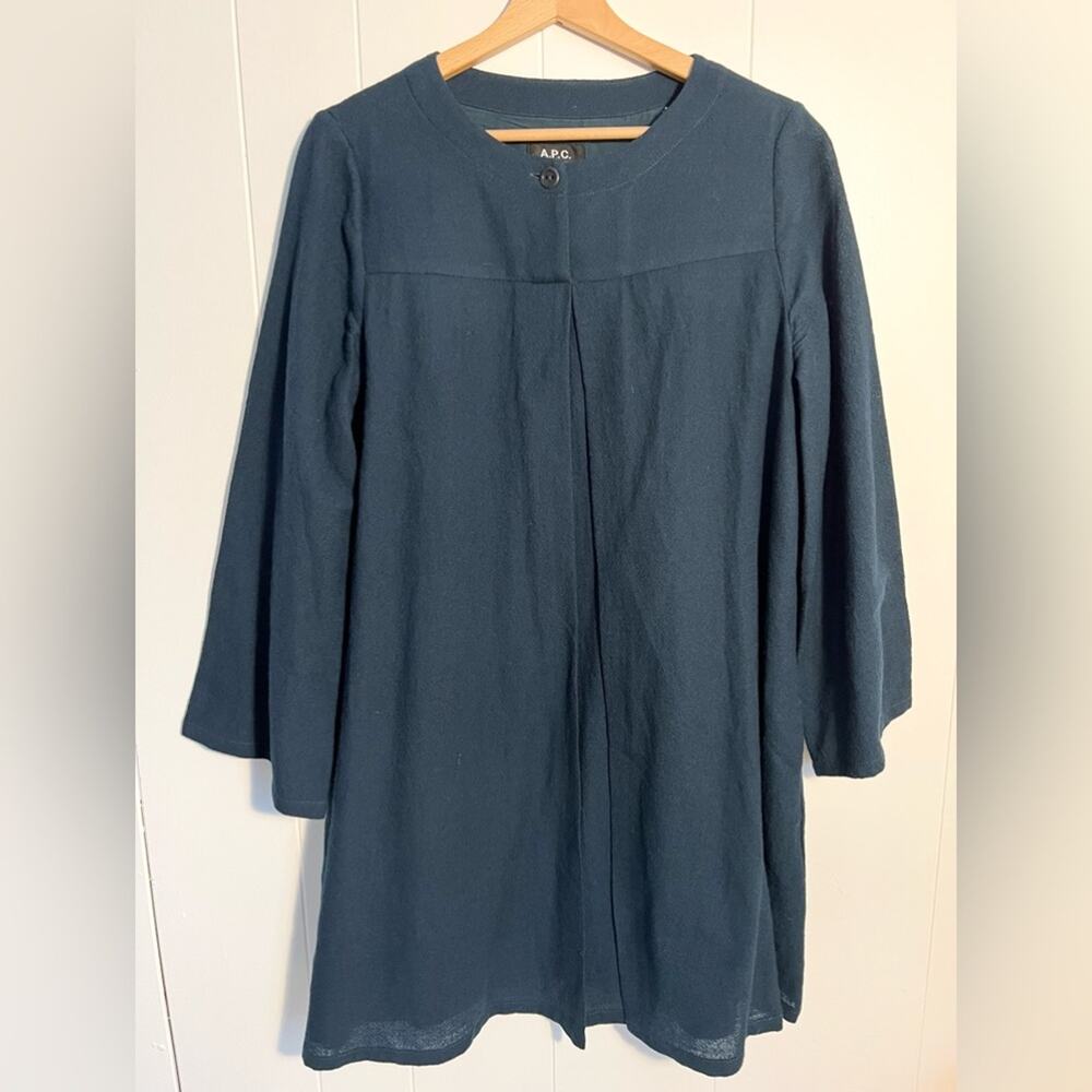 A.P.C. M/8 Wool shift swing dress teal green button front work long sleeve